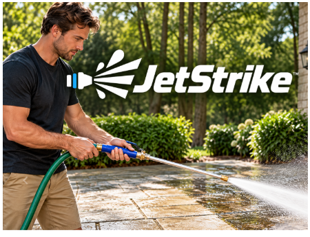 Man cleaning a stone driveway with the JetStrike water hose wand